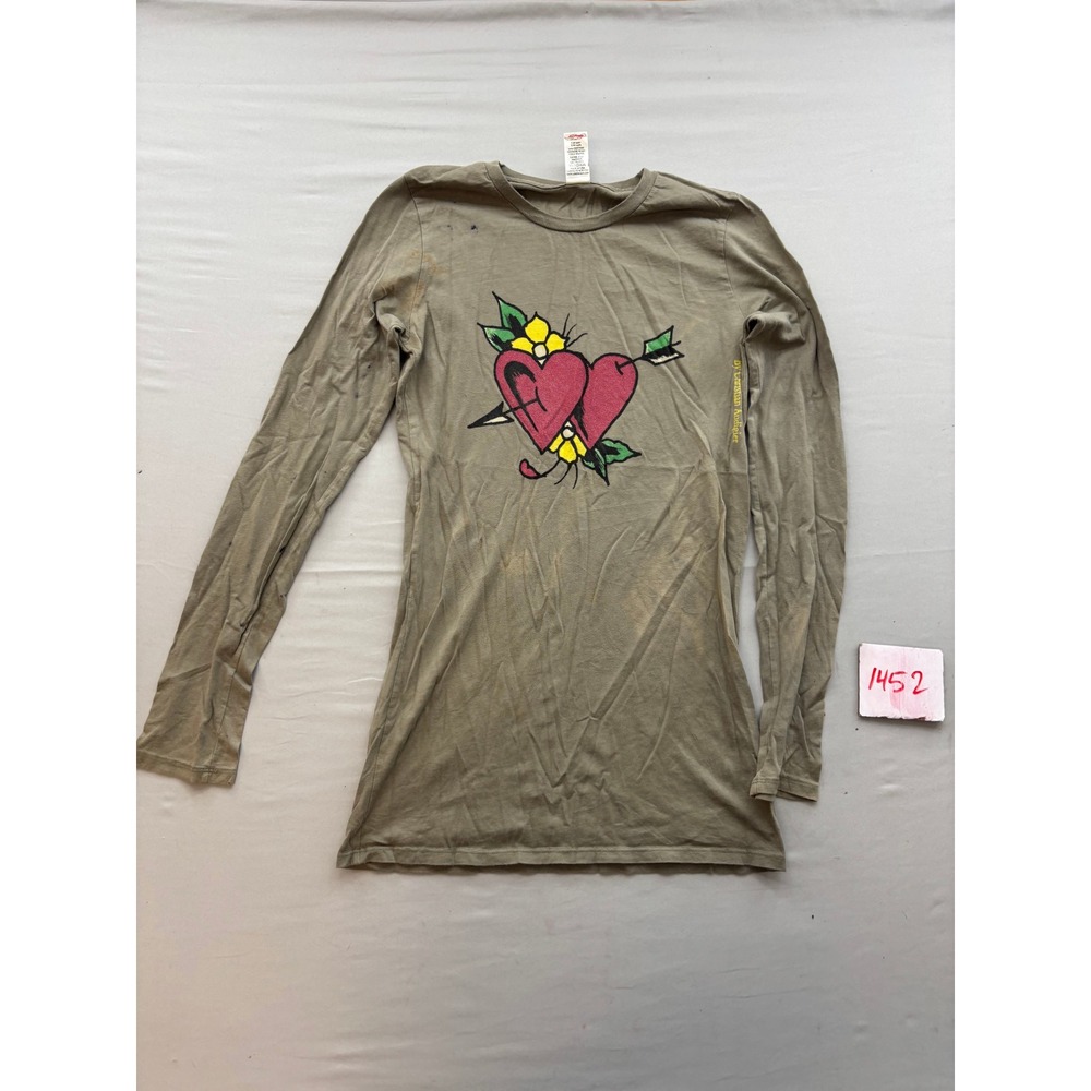 Ed Hardy Christian Audigier Long Sleeve Shirt Hearts Tattoo Graphic Khaki Large